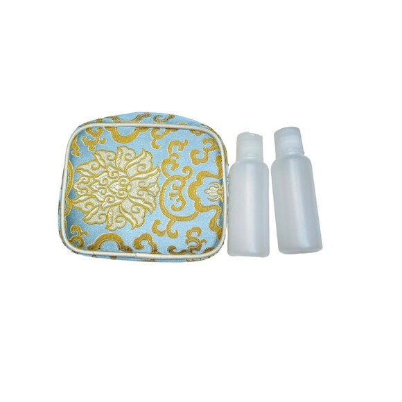 Vtg 60s Baby Blue Gold Chinoiserie Vanity Case 3pc Cosmetic Travel Bag Set - Picture 8 of 10